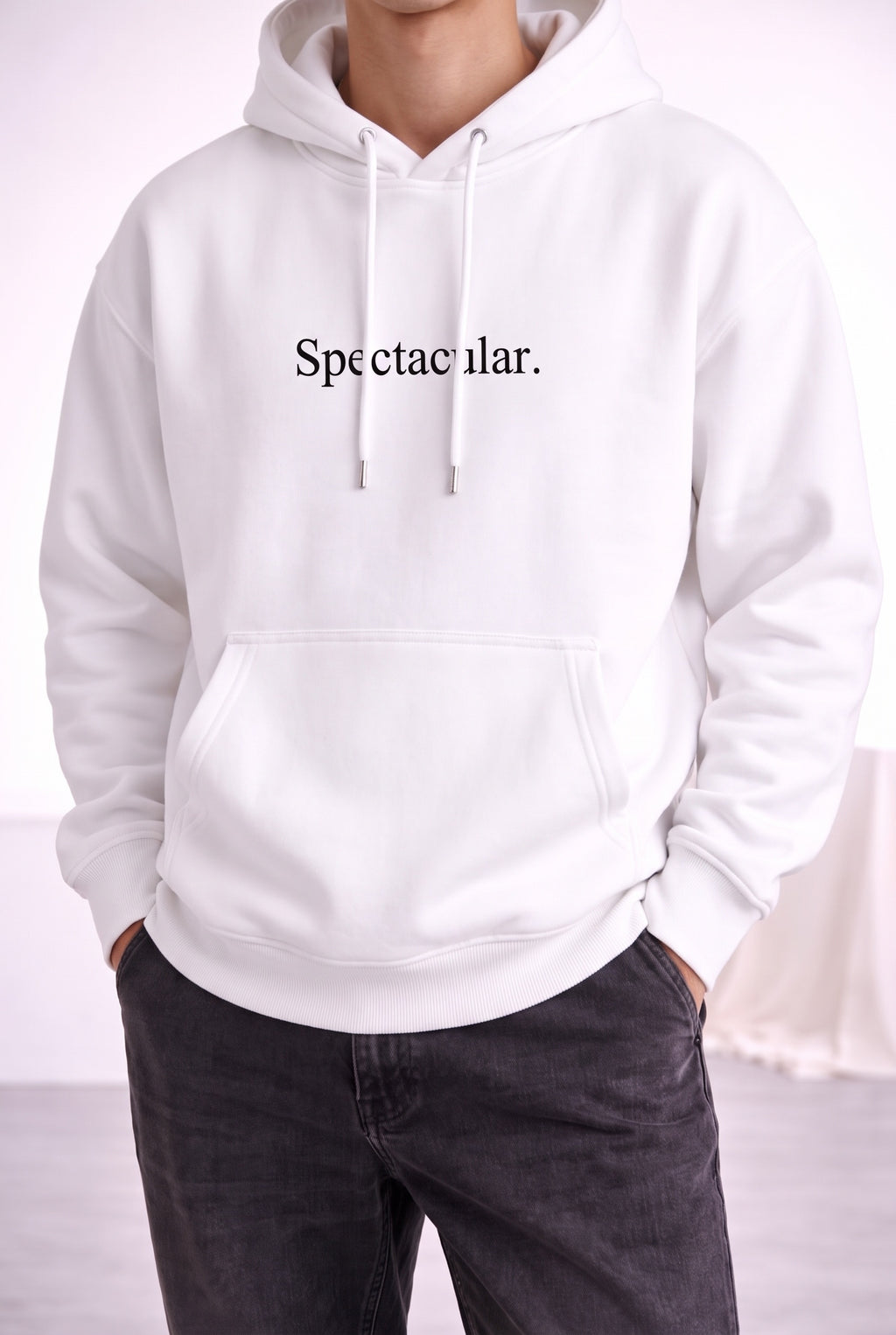 Erkek Kırık Beyaz Krem Ekru Spectacular Baskılı 3 iplik Şardonlu Kapüşonlu Kanguru Cepli Oversize Salaş Hoodie Sweatshirt