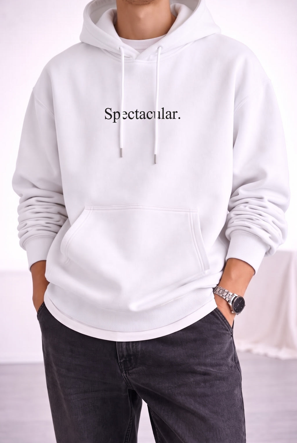 Erkek Kırık Beyaz Krem Ekru Spectacular Baskılı 3 iplik Şardonlu Kapüşonlu Kanguru Cepli Oversize Salaş Hoodie Sweatshirt