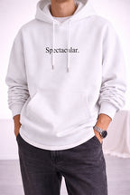 Erkek Kırık Beyaz Krem Ekru Spectacular Baskılı 3 iplik Şardonlu Kapüşonlu Kanguru Cepli Oversize Salaş Hoodie Sweatshirt
