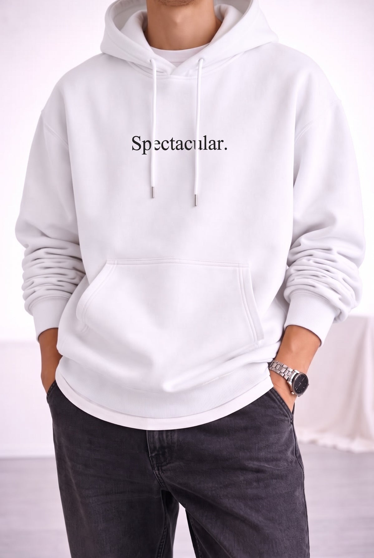 Erkek Kırık Beyaz Krem Ekru Spectacular Baskılı 3 iplik Şardonlu Kapüşonlu Kanguru Cepli Oversize Salaş Hoodie Sweatshirt