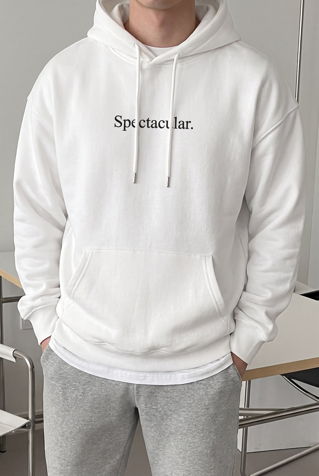 Erkek Kırık Beyaz Krem Ekru Spectacular Baskılı 3 iplik Şardonlu Kapüşonlu Kanguru Cepli Oversize Salaş Hoodie Sweatshirt