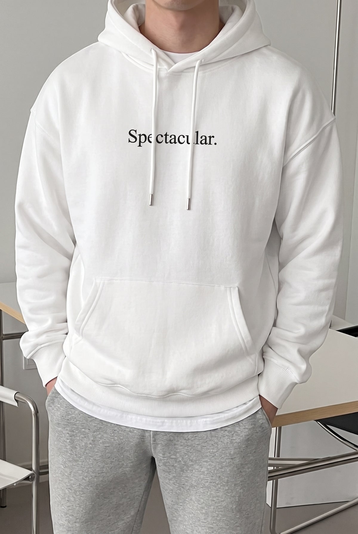Erkek Kırık Beyaz Krem Ekru Spectacular Baskılı 3 iplik Şardonlu Kapüşonlu Kanguru Cepli Oversize Salaş Hoodie Sweatshirt