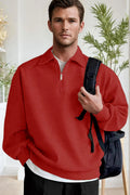 Erkek Kırmızı Yarım Fermuar Polo Yaka 3 İplik İçi Polarlı Şardonlu Oversize Sweatshirt