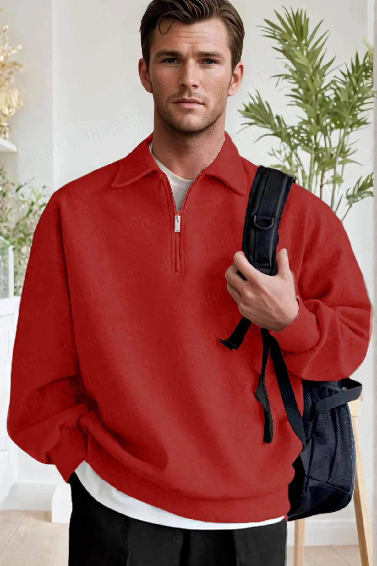 Erkek Kırmızı Yarım Fermuar Polo Yaka 3 İplik İçi Polarlı Şardonlu Oversize Sweatshirt