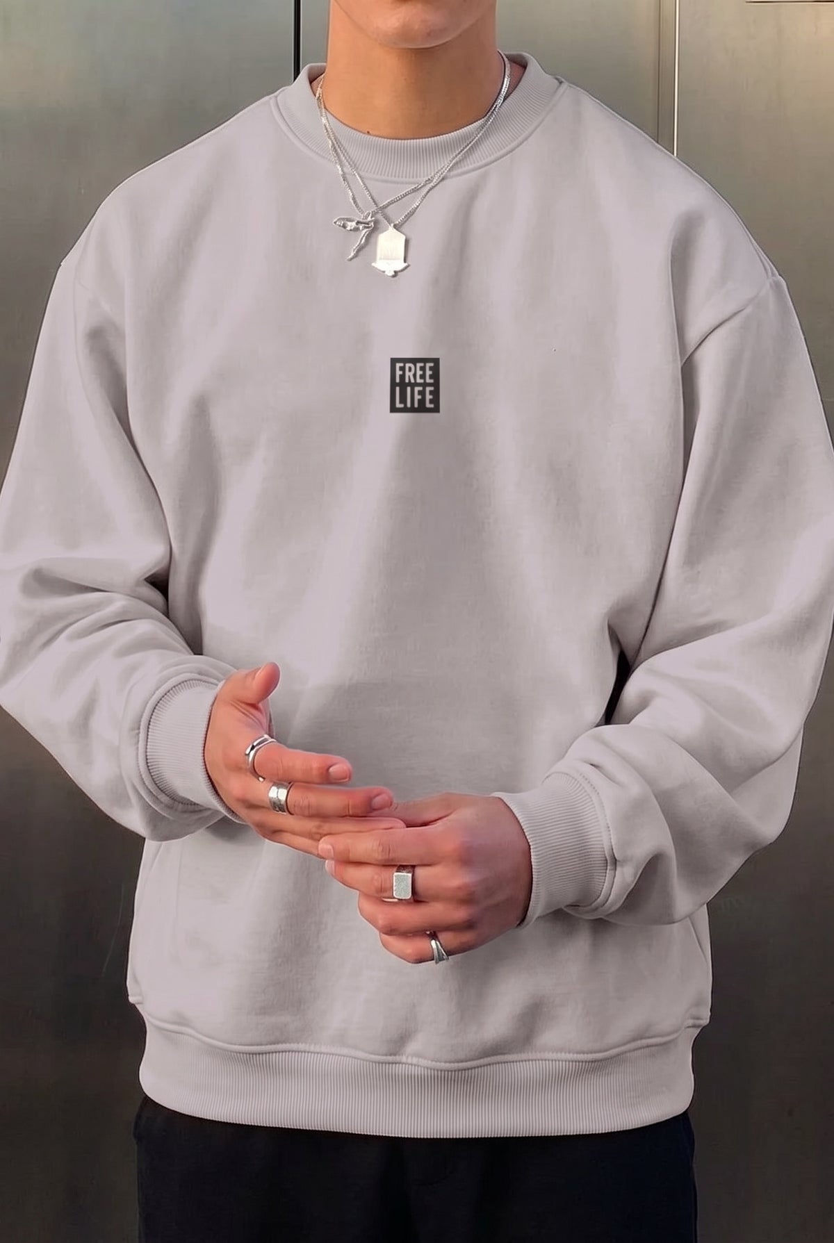Erkek Koyu Gri Free Life Baskılı Kalın Soft 3 İplik içi Şardonlu 0 Sıfır Yaka Oversize Salaş Sweatshirt