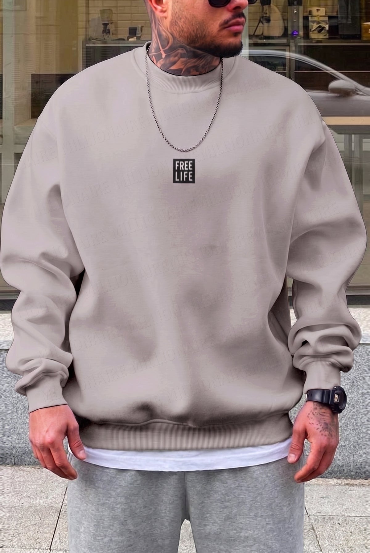 Erkek Koyu Gri Free Life Baskılı Kalın Soft 3 İplik içi Şardonlu 0 Sıfır Yaka Oversize Salaş Sweatshirt