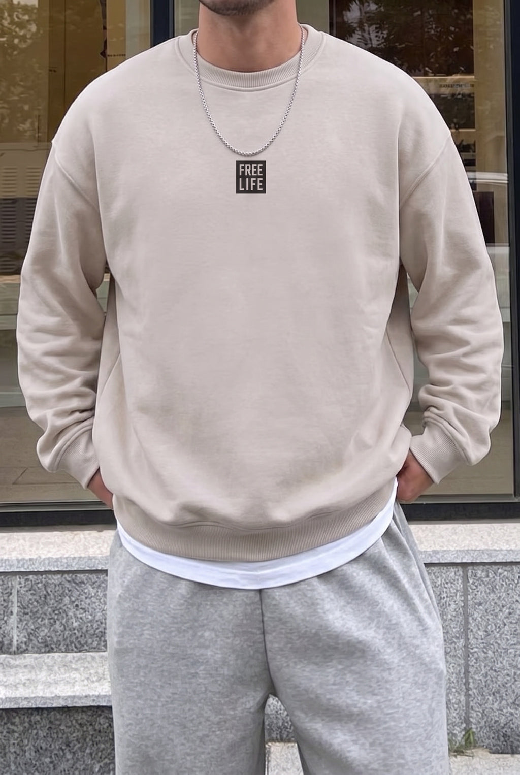 Erkek Koyu Gri Free Life Baskılı Kalın Soft 3 İplik içi Şardonlu 0 Sıfır Yaka Oversize Salaş Sweatshirt