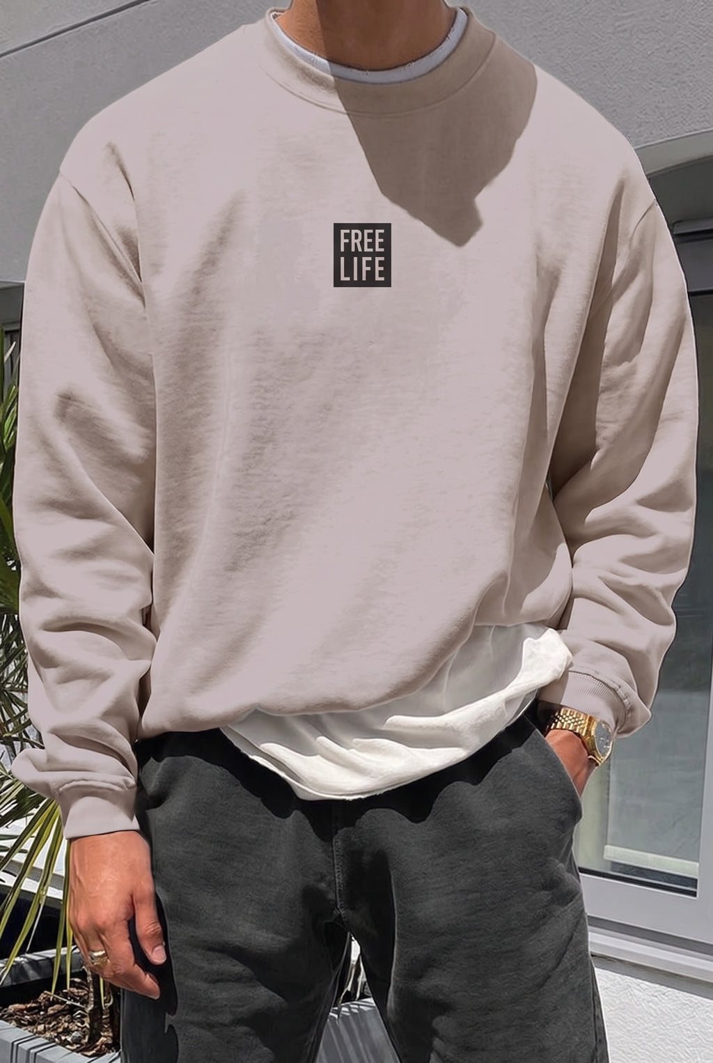 Erkek Koyu Gri Free Life Baskılı Kalın Soft 3 İplik içi Şardonlu 0 Sıfır Yaka Oversize Salaş Sweatshirt