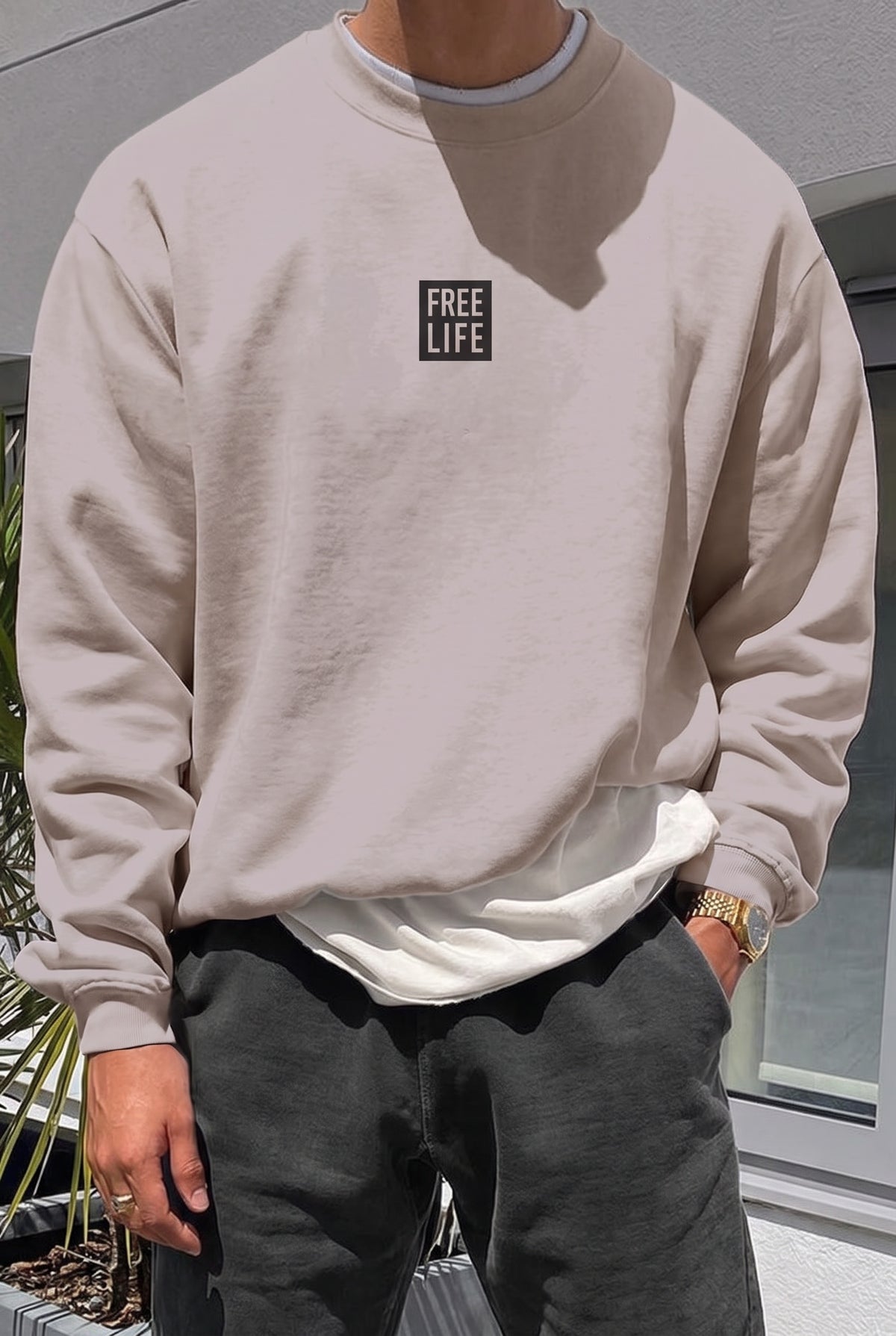 Erkek Koyu Gri Free Life Baskılı Kalın Soft 3 İplik içi Şardonlu 0 Sıfır Yaka Oversize Salaş Sweatshirt