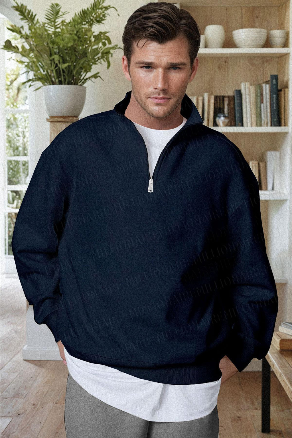 Erkek Lacivert Balıkçı Yaka 3 Iplik Içi Polarlı Şardonlu Oversize Sweatshirt