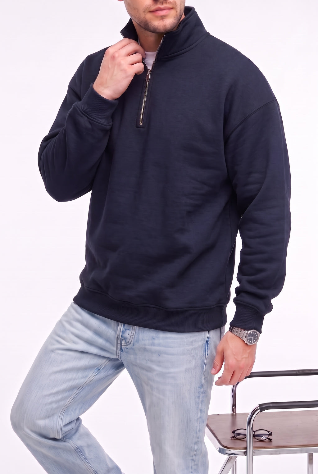 Erkek Lacivert Balıkçı Yaka 3 Iplik Içi Polarlı Şardonlu Oversize Sweatshirt
