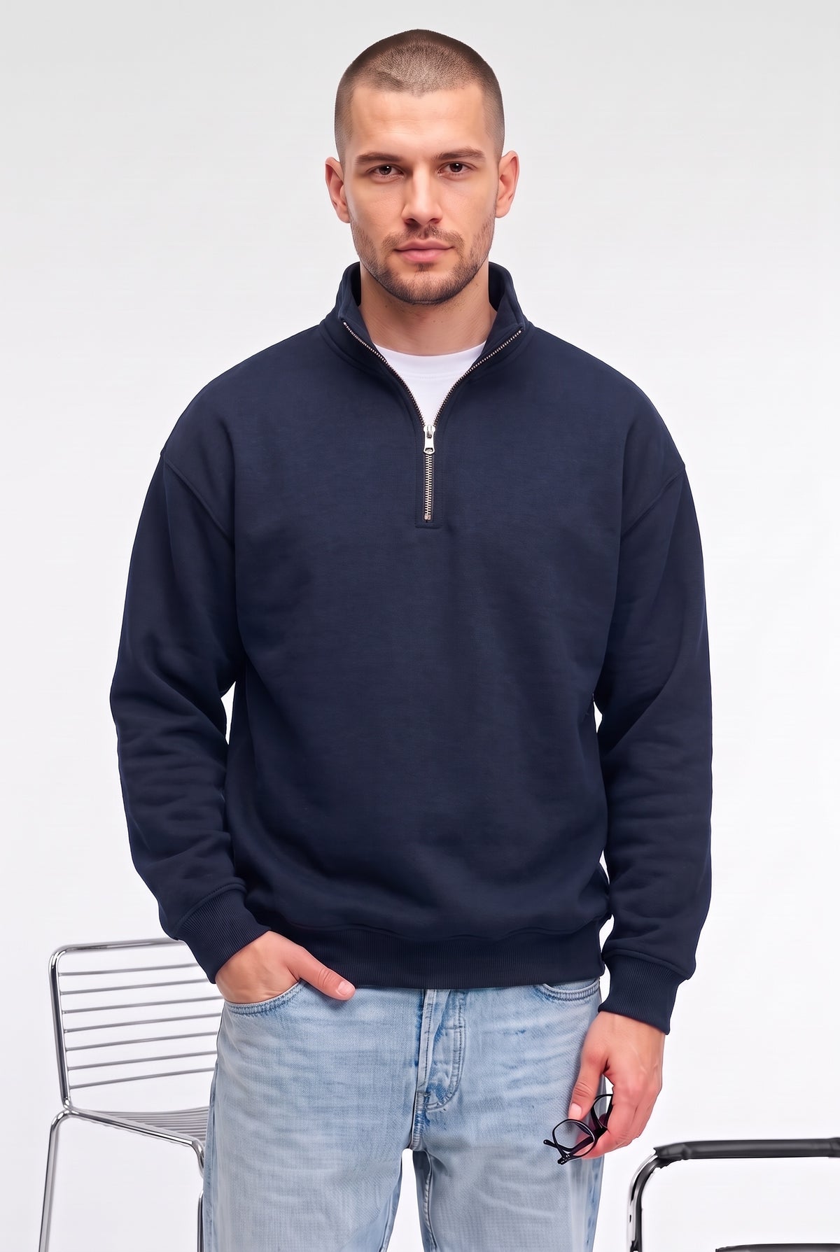 Erkek Lacivert Balıkçı Yaka 3 Iplik Içi Polarlı Şardonlu Oversize Sweatshirt