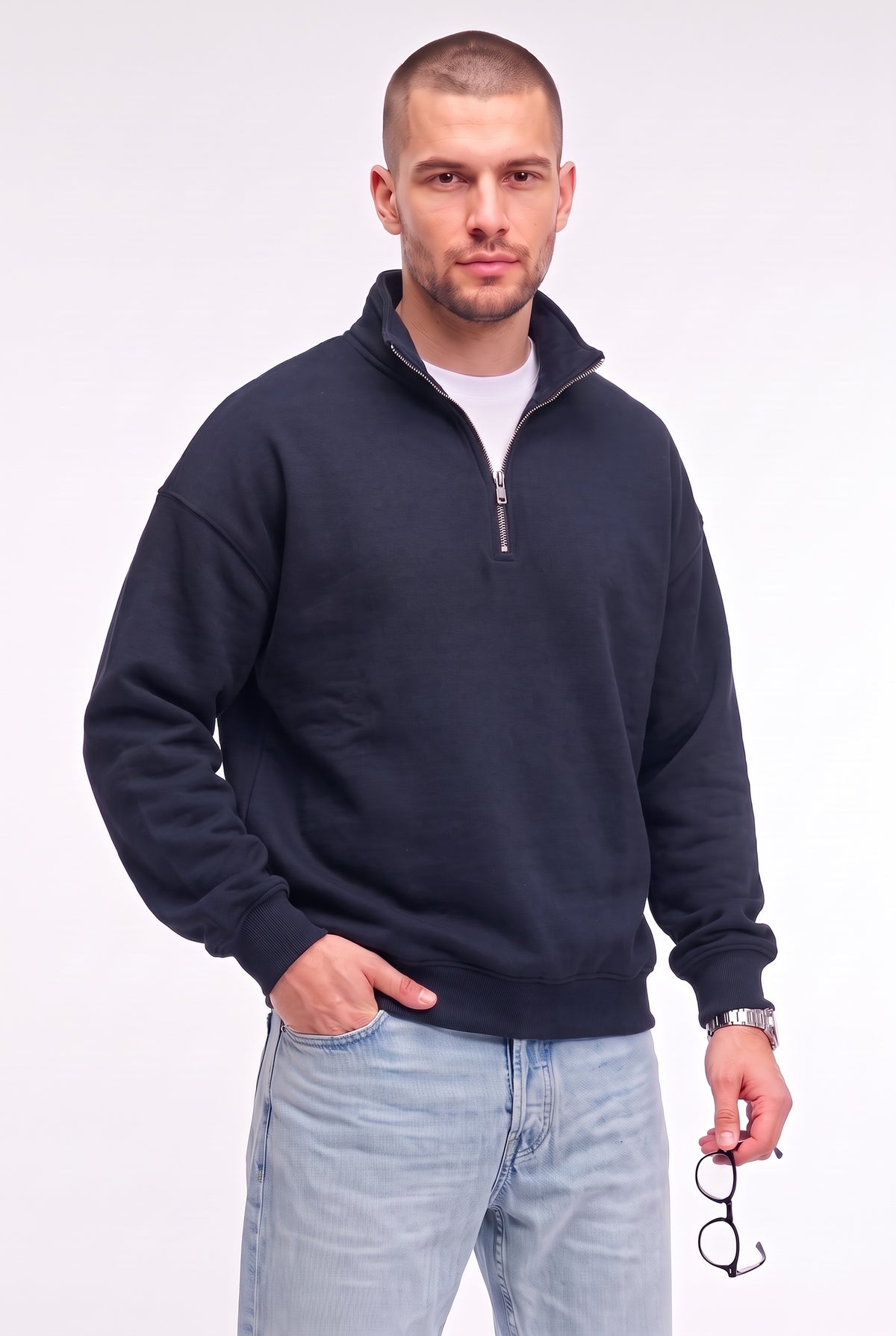 Erkek Lacivert Balıkçı Yaka 3 Iplik Içi Polarlı Şardonlu Oversize Sweatshirt