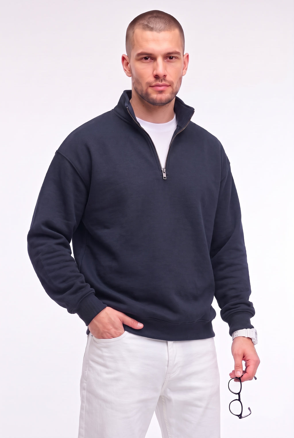 Erkek Lacivert Balıkçı Yaka 3 Iplik Içi Polarlı Şardonlu Oversize Sweatshirt