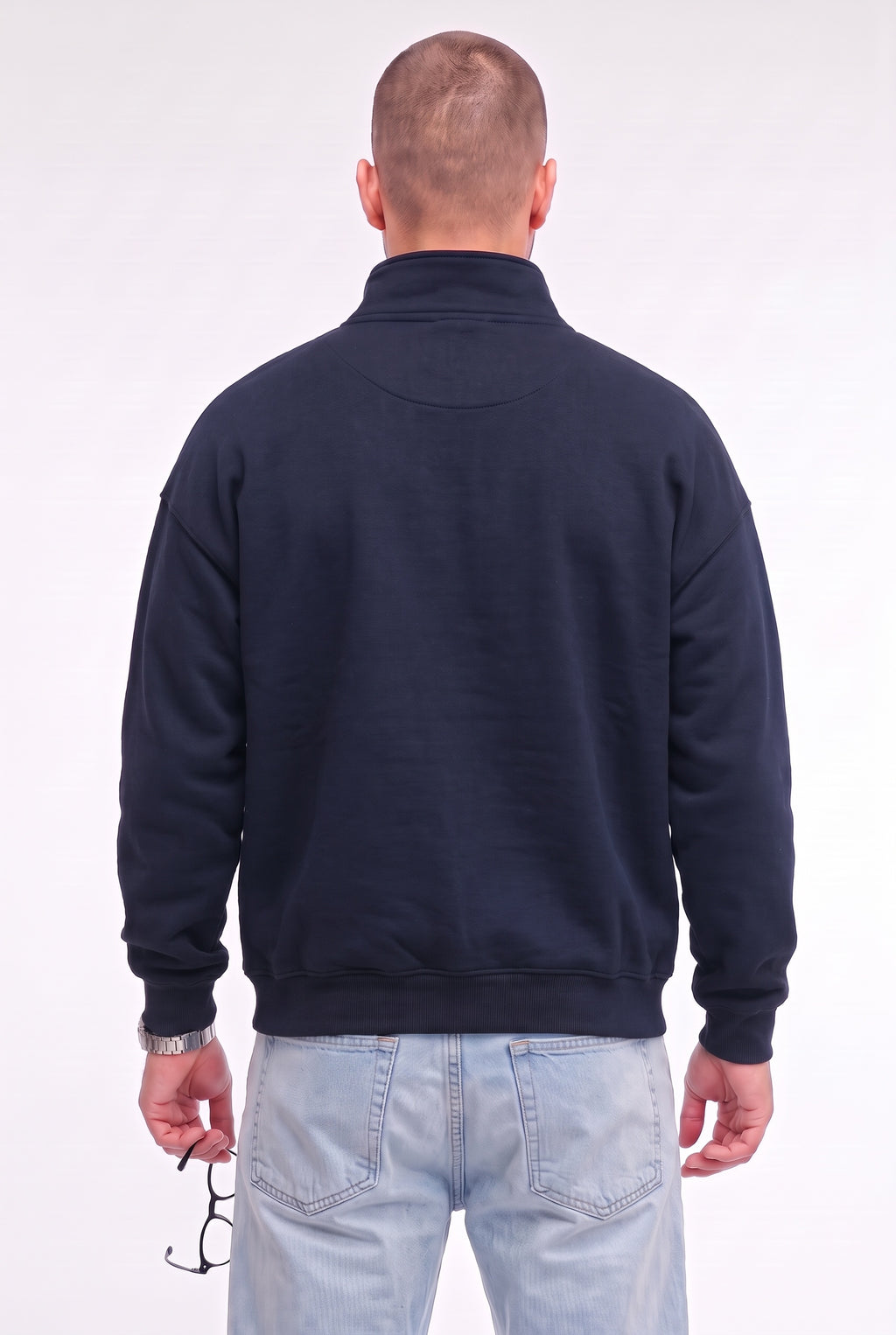 Erkek Lacivert Balıkçı Yaka 3 Iplik Içi Polarlı Şardonlu Oversize Sweatshirt