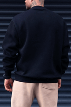 Erkek Lacivert Basic 0 Sıfır Yaka Baskısız Düz Oversize Salaş Bol Kesim Polar Sweatshirt
