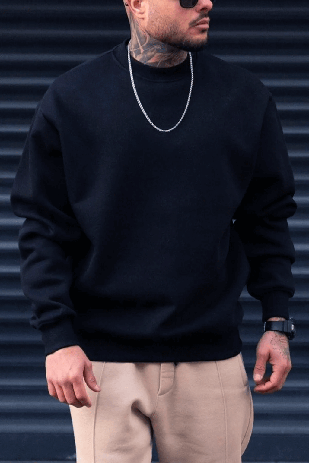 Erkek Lacivert Basic 0 Sıfır Yaka Baskısız Düz Oversize Salaş Bol Kesim Polar Sweatshirt