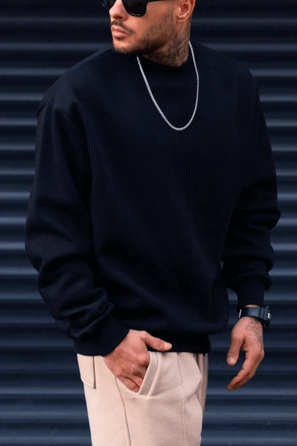Erkek Lacivert Basic 0 Sıfır Yaka Baskısız Düz Oversize Salaş Bol Kesim Polar Sweatshirt