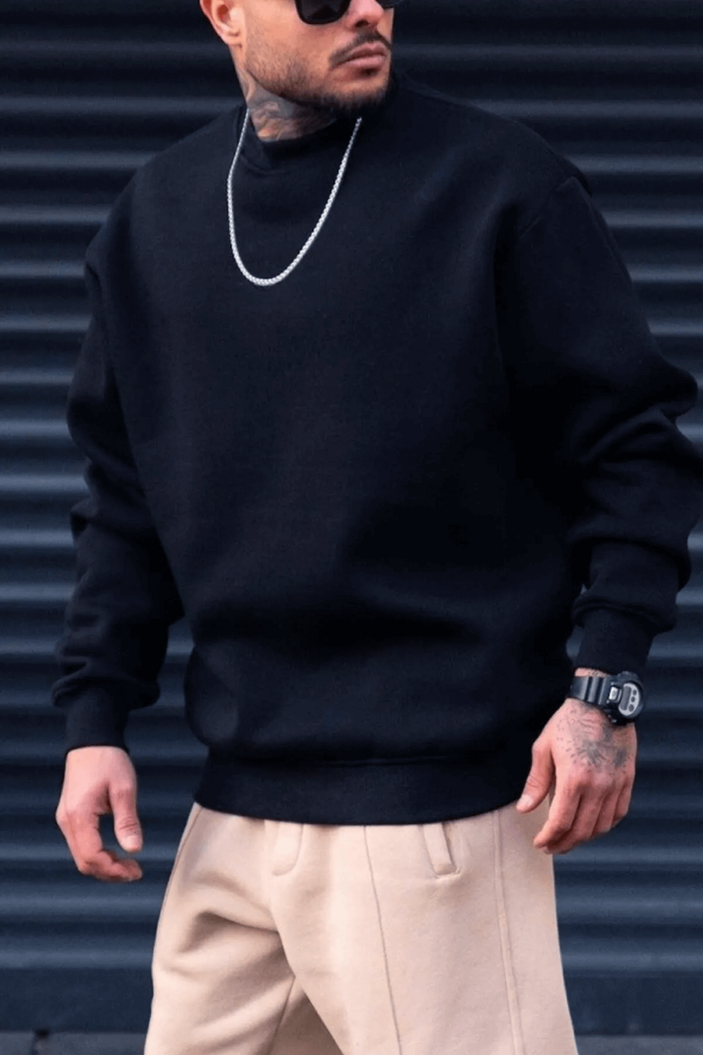 Erkek Lacivert Basic 0 Sıfır Yaka Baskısız Düz Oversize Salaş Bol Kesim Polar Sweatshirt