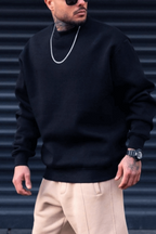 Erkek Lacivert Basic 0 Sıfır Yaka Baskısız Düz Oversize Salaş Bol Kesim Polar Sweatshirt