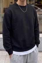 Erkek Lacivert Basic 0 Sıfır Yaka Baskısız Düz Oversize Salaş Bol Kesim Polar Sweatshirt