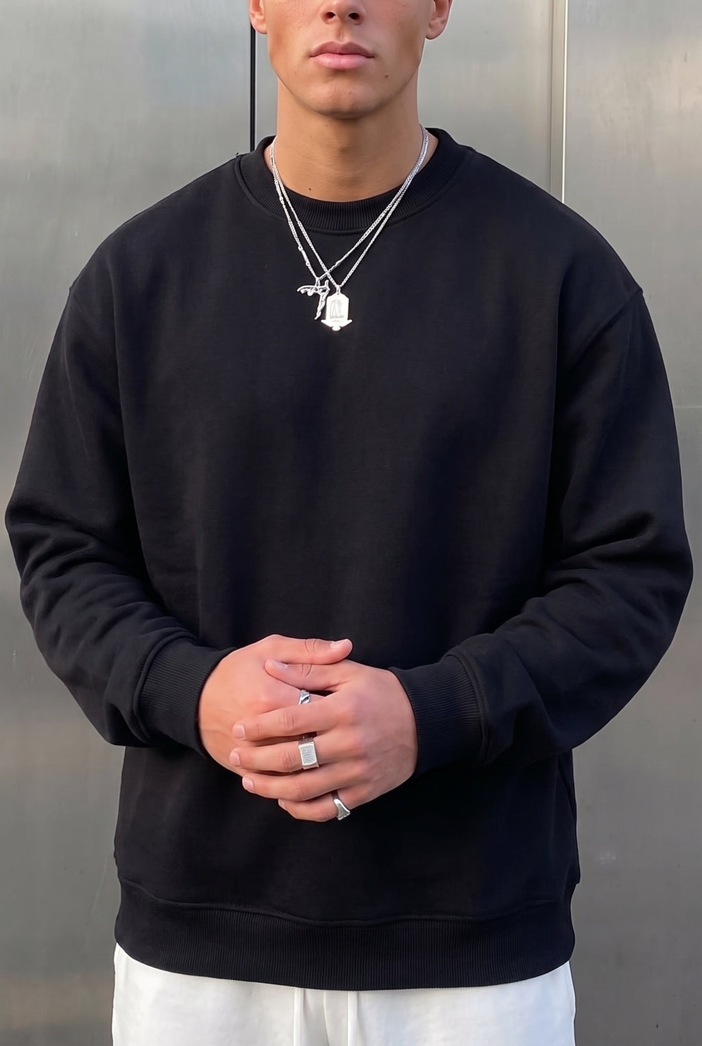 Erkek Lacivert Basic 0 Sıfır Yaka Baskısız Düz Oversize Salaş Bol Kesim Polar Sweatshirt