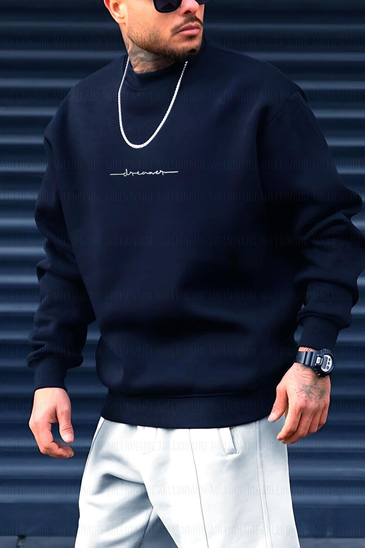 Erkek Lacivert Dreamer Baskılı 0 Sıfır Yaka Oversize Salaş Bol Kesim Polar Sweatshirt