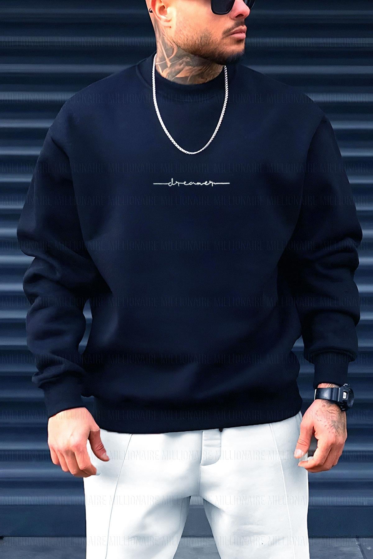 Erkek Lacivert Dreamer Baskılı 0 Sıfır Yaka Oversize Salaş Bol Kesim Polar Sweatshirt