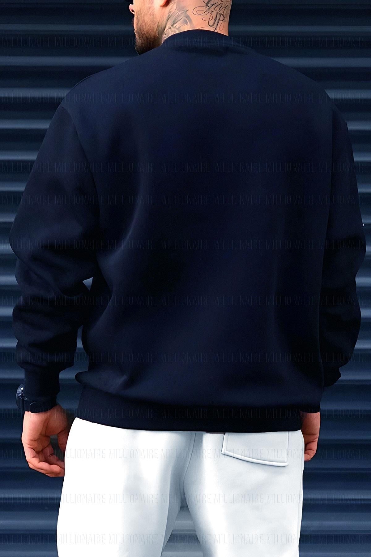 Erkek Lacivert Dreamer Baskılı 0 Sıfır Yaka Oversize Salaş Bol Kesim Polar Sweatshirt