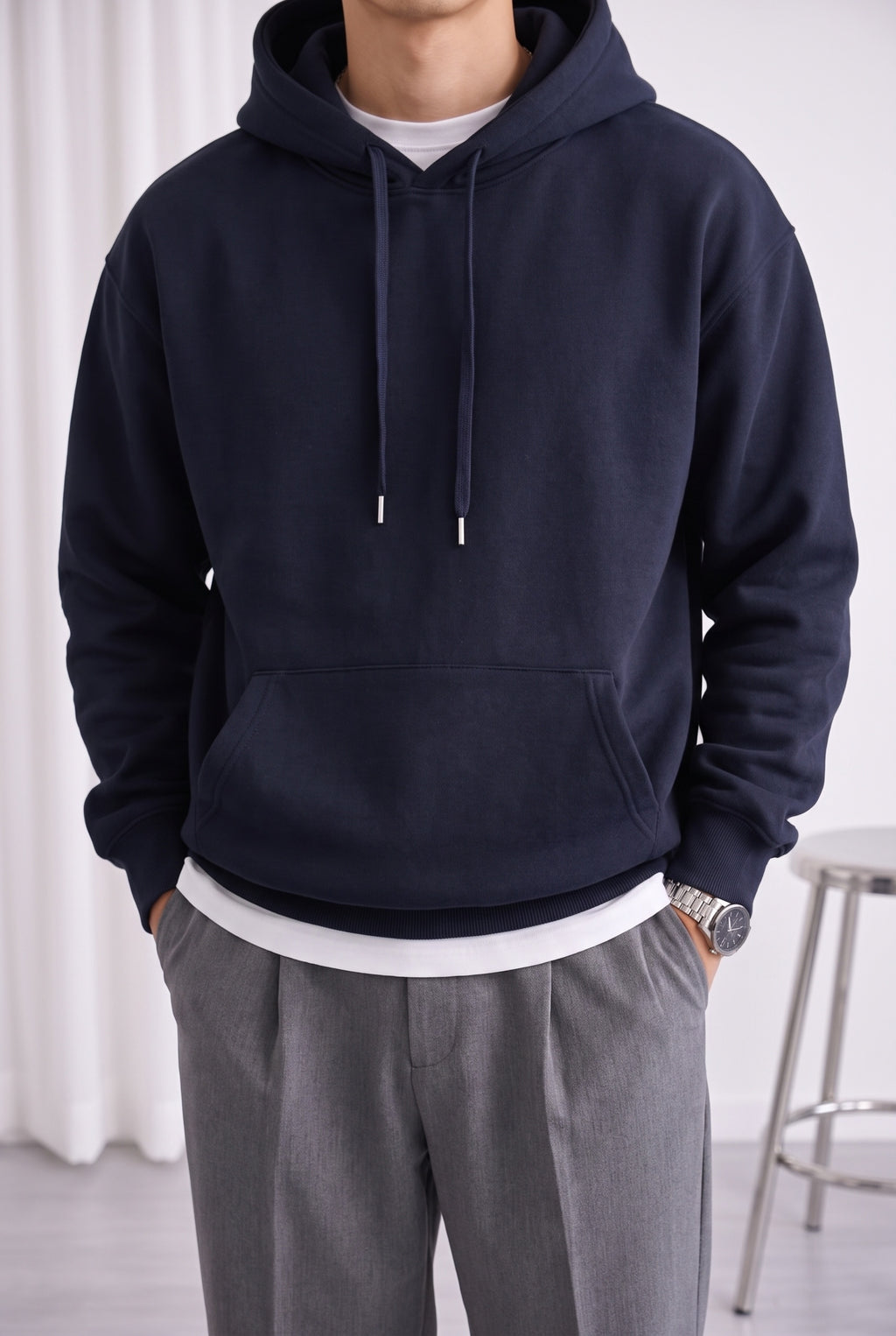Erkek Lacivert Düz Kapüşonlu Oversize 3 iplik Şardonlu Salaş Bol Kesim Hoodie Sweatshirt