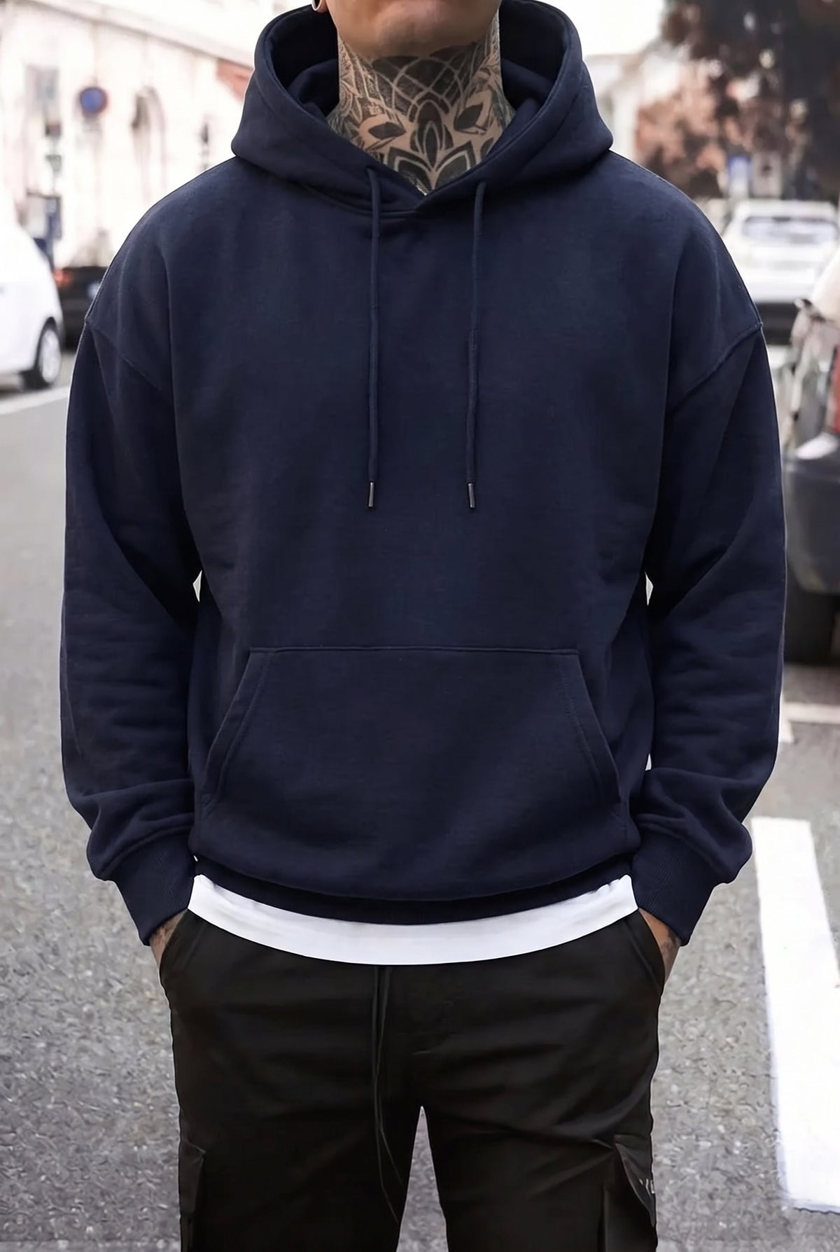 Erkek Lacivert Düz Kapüşonlu Oversize 3 iplik Şardonlu Salaş Bol Kesim Hoodie Sweatshirt