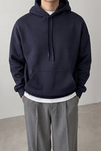 Erkek Lacivert Düz Kapüşonlu Oversize 3 iplik Şardonlu Salaş Bol Kesim Hoodie Sweatshirt