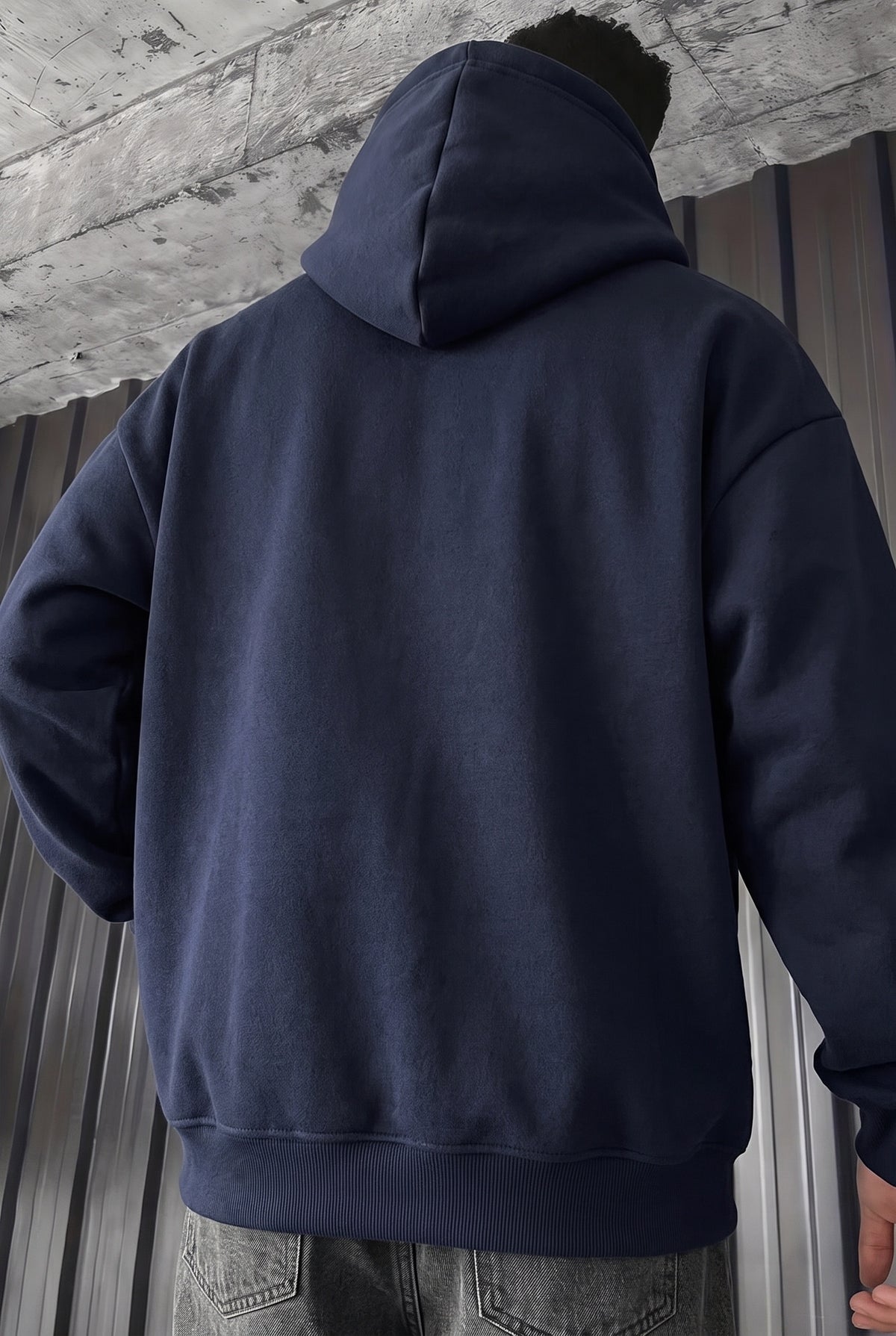 Erkek Lacivert Düz Kapüşonlu Oversize 3 iplik Şardonlu Salaş Bol Kesim Hoodie Sweatshirt