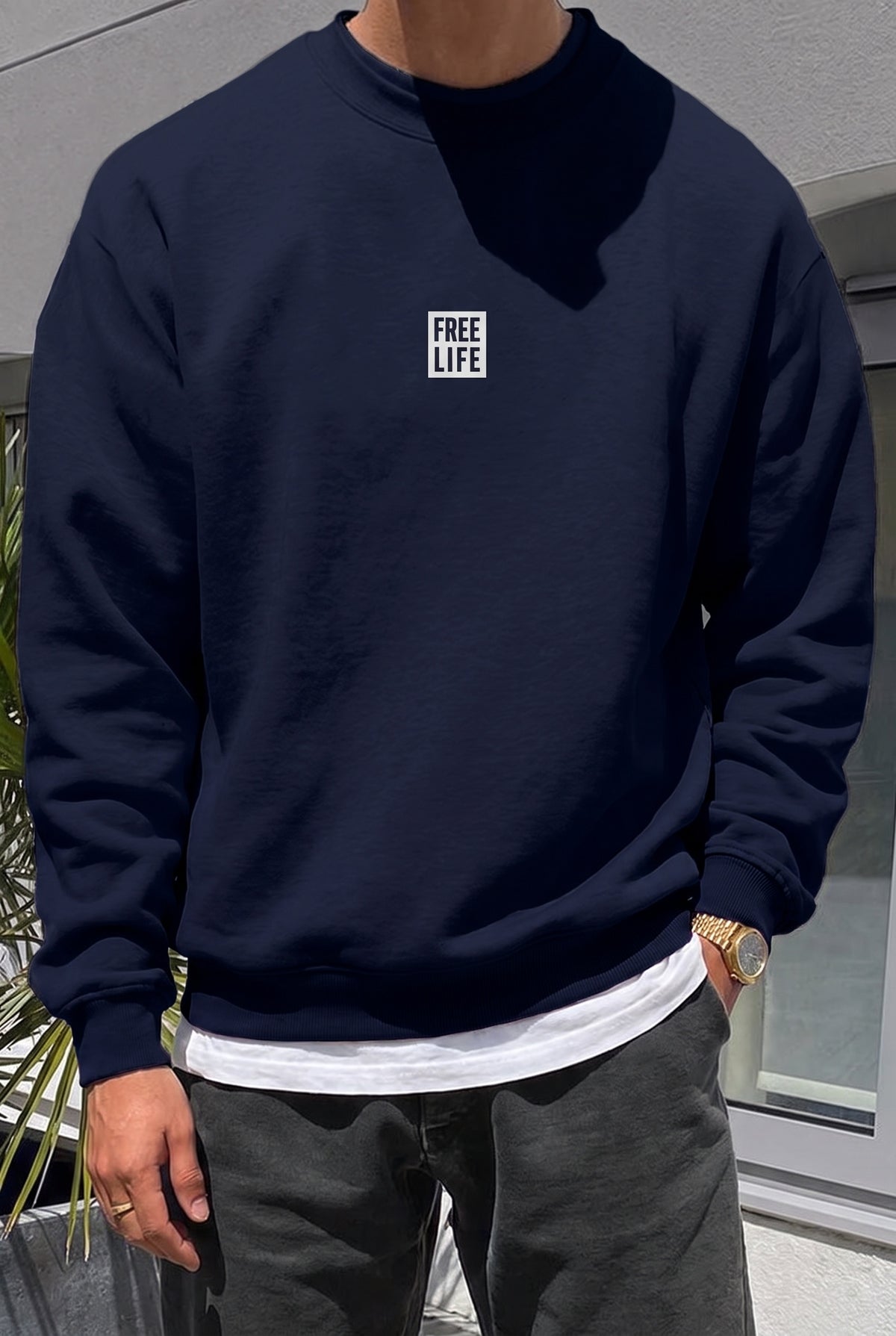 Erkek Lacivert Free Life Baskılı Kalın Soft 3 İplik içi Şardonlu 0 Sıfır Yaka Oversize Salaş Sweatshirt