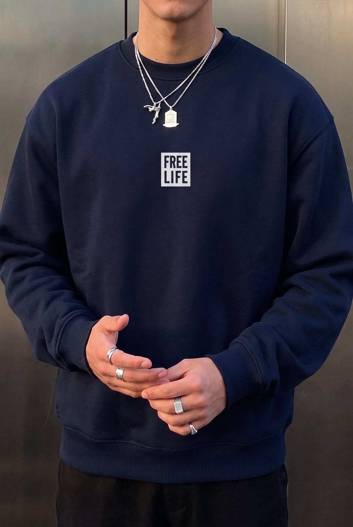 Erkek Lacivert Free Life Baskılı Kalın Soft 3 İplik içi Şardonlu 0 Sıfır Yaka Oversize Salaş Sweatshirt