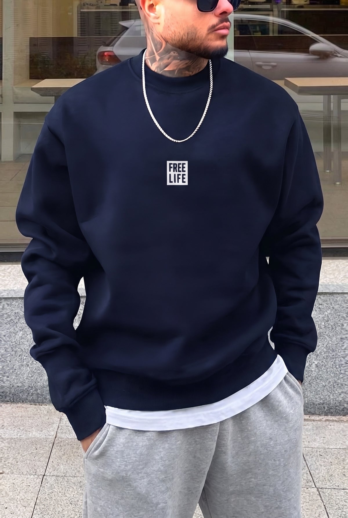Erkek Lacivert Free Life Baskılı Kalın Soft 3 İplik içi Şardonlu 0 Sıfır Yaka Oversize Salaş Sweatshirt