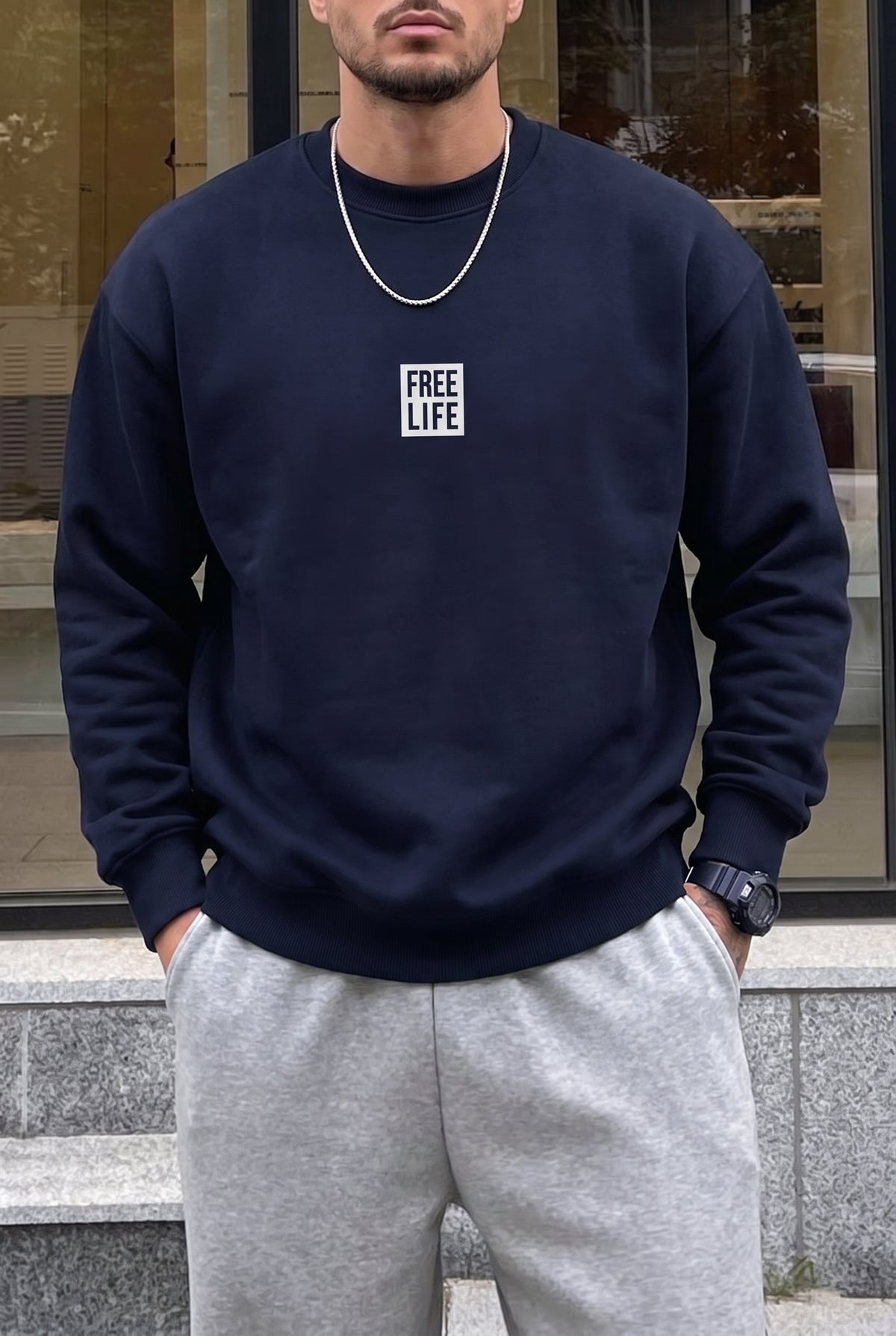 Erkek Lacivert Free Life Baskılı Kalın Soft 3 İplik içi Şardonlu 0 Sıfır Yaka Oversize Salaş Sweatshirt