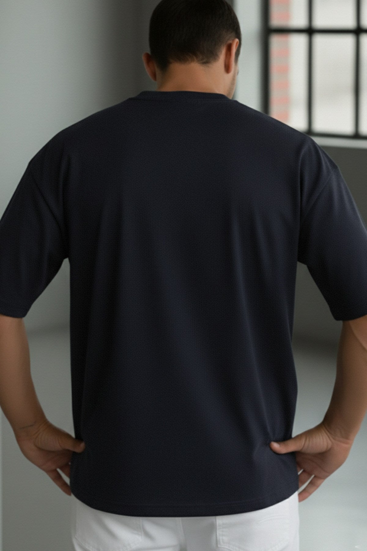 Erkek Lacivert Geyik Baskılı Oversize Fit Bol Geniş Kalıp Salaş Kesim T-shirt