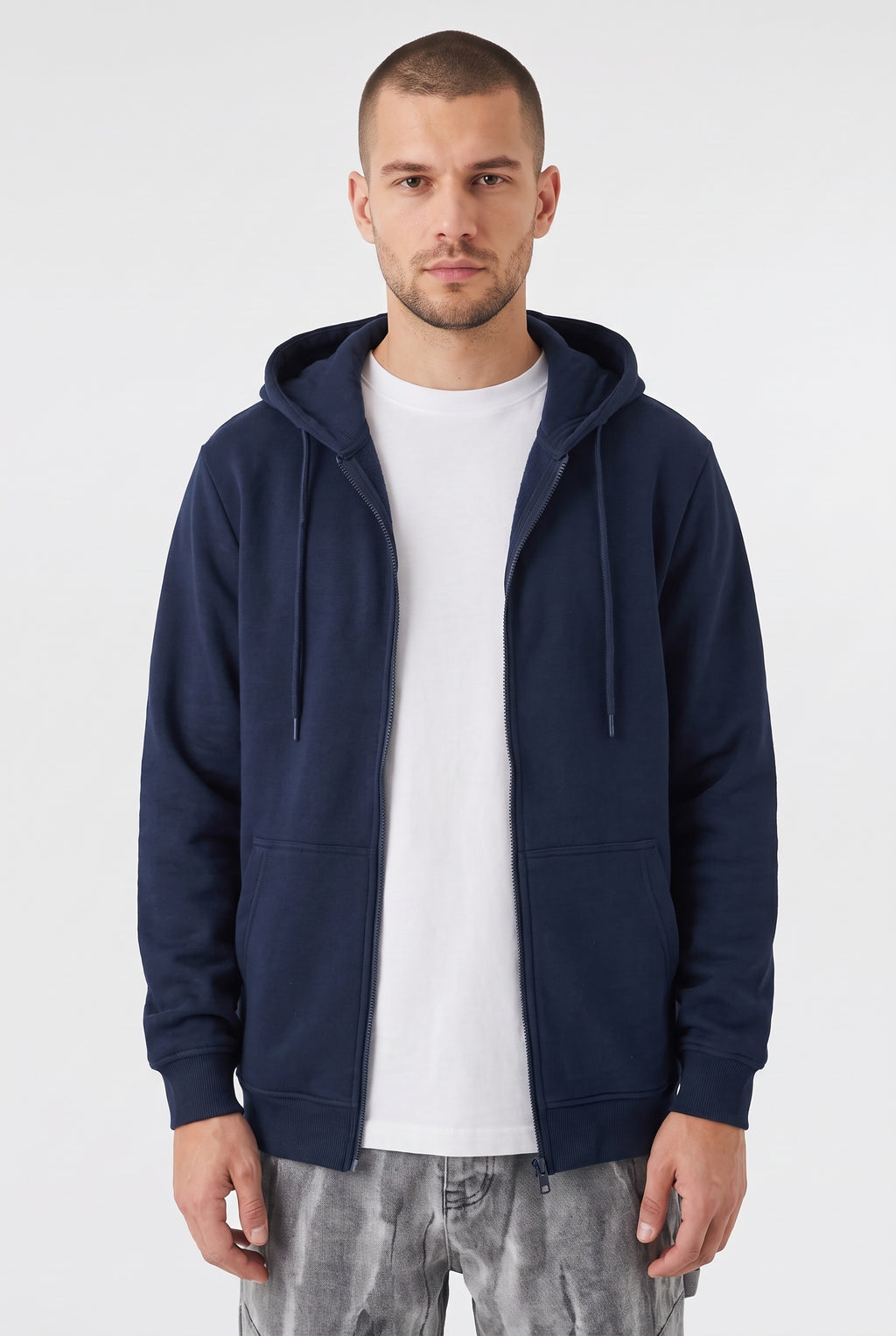 Erkek Lacivert Kapüşonlu Fermuarlı 3 Üç İplik Polar Kanguru Oversize Sweatshirt Zip Up Hoodie