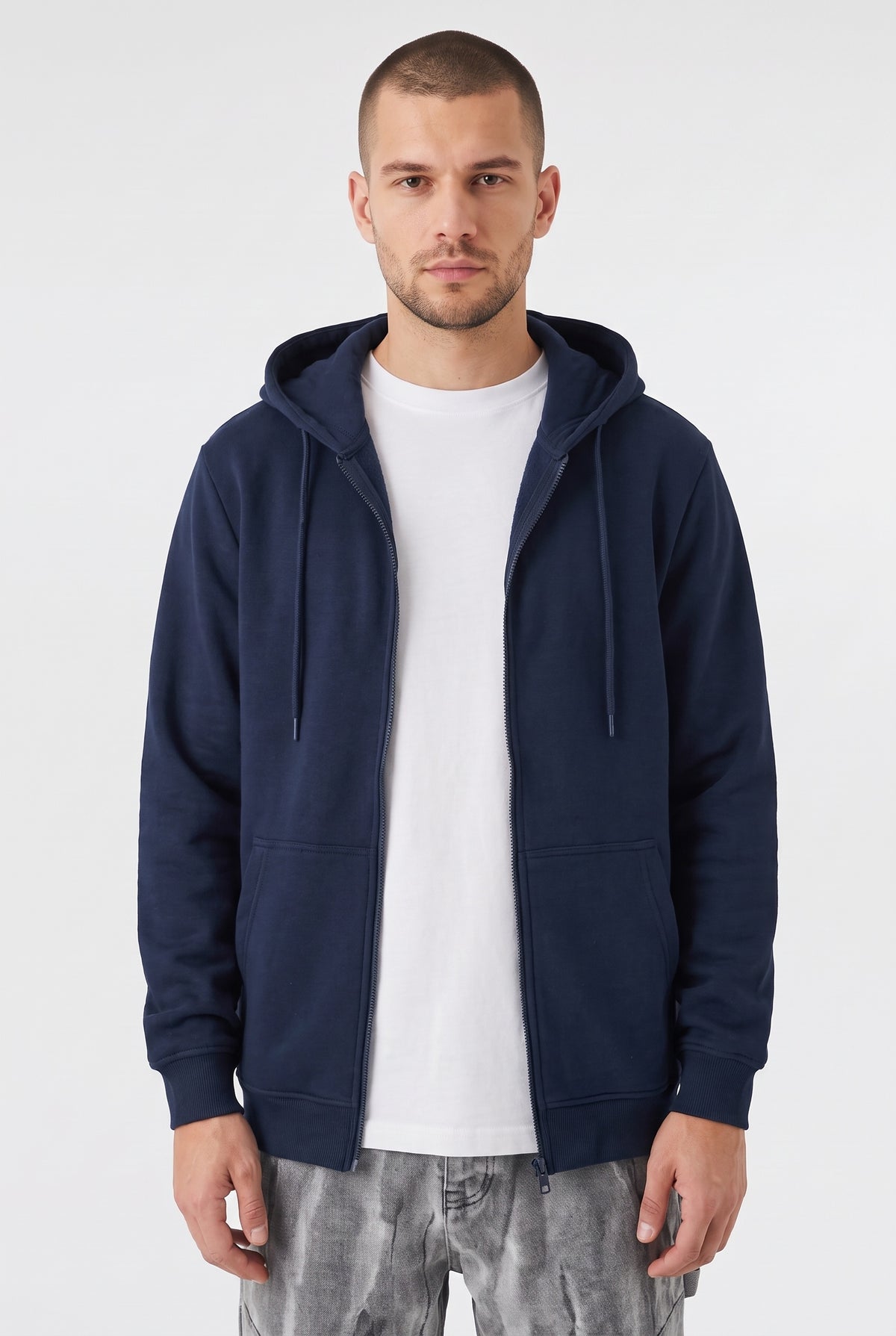 Erkek Lacivert Kapüşonlu Fermuarlı 3 Üç İplik Polar Kanguru Oversize Sweatshirt Zip Up Hoodie