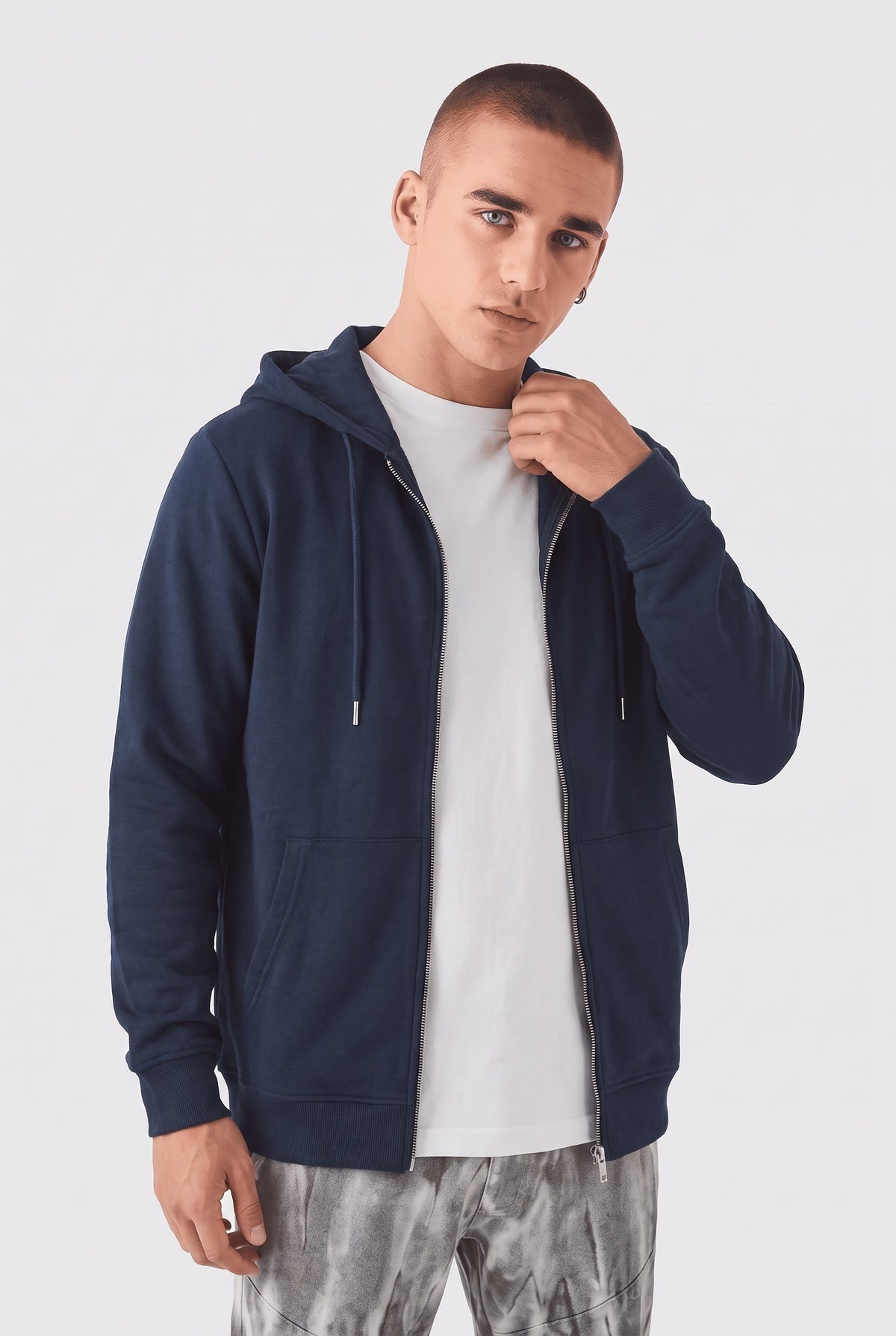 Erkek Lacivert Kapüşonlu Fermuarlı 3 Üç İplik Polar Kanguru Oversize Sweatshirt Zip Up Hoodie