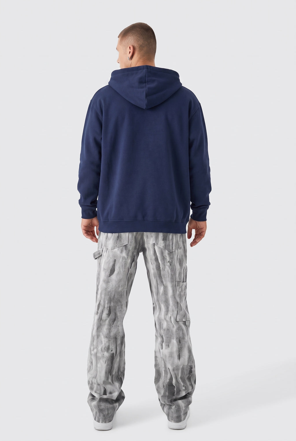 Erkek Lacivert Kapüşonlu Fermuarlı 3 Üç İplik Polar Kanguru Oversize Sweatshirt Zip Up Hoodie