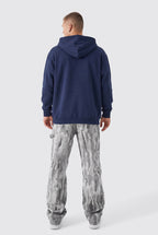 Erkek Lacivert Kapüşonlu Fermuarlı 3 Üç İplik Polar Kanguru Oversize Sweatshirt Zip Up Hoodie