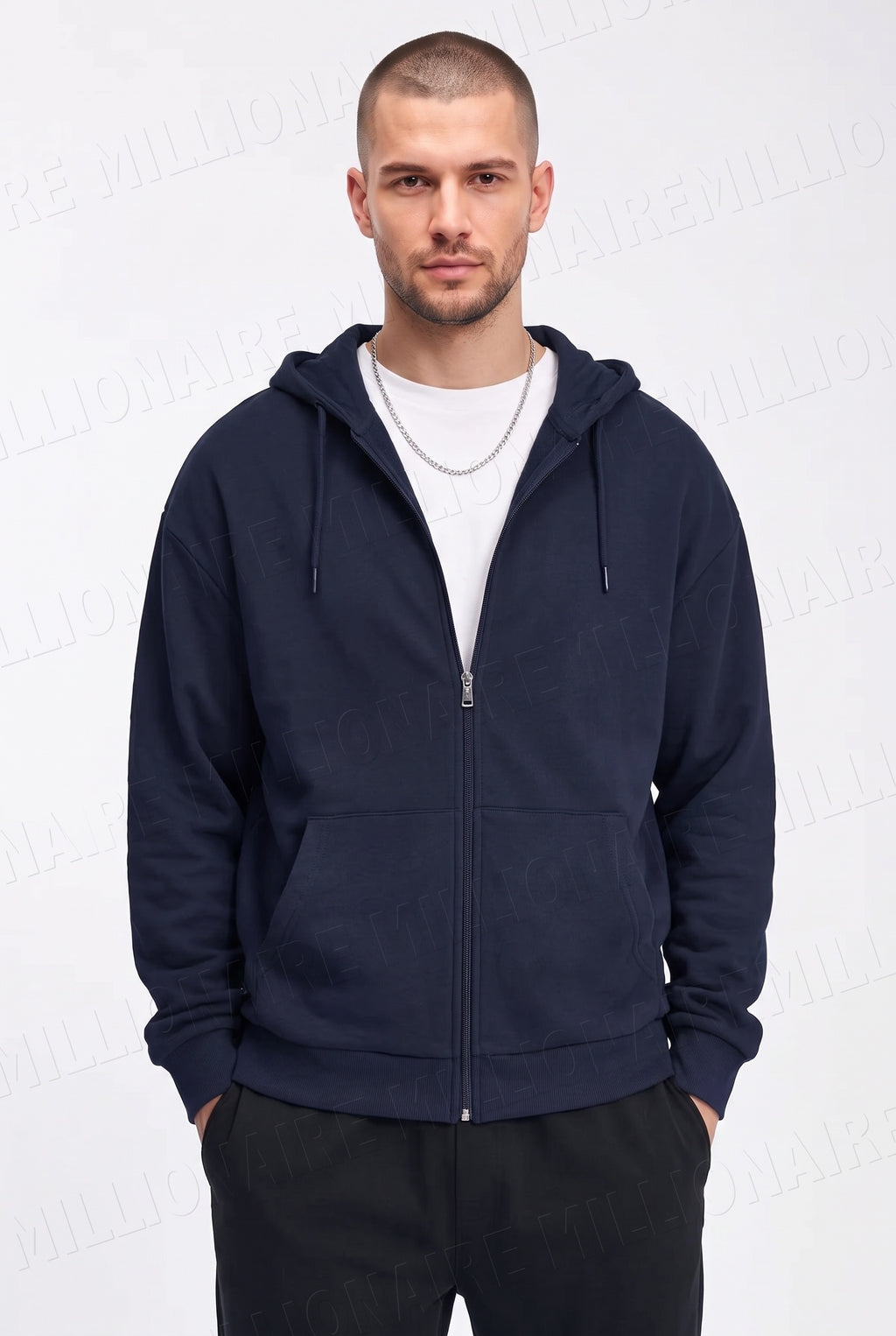 Erkek Lacivert Kapüşonlu Fermuarlı 3 Üç İplik Polar Kanguru Oversize Sweatshirt Zip Up Hoodie
