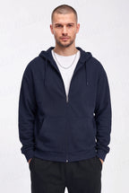 Erkek Lacivert Kapüşonlu Fermuarlı 3 Üç İplik Polar Kanguru Oversize Sweatshirt Zip Up Hoodie