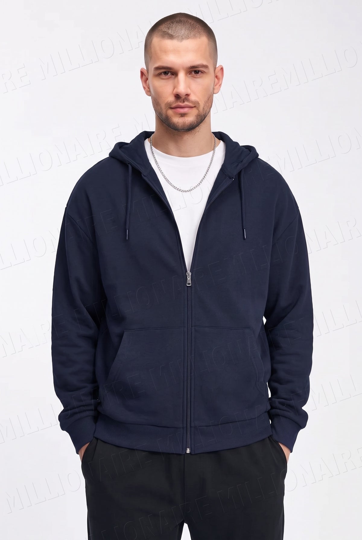 Erkek Lacivert Kapüşonlu Fermuarlı 3 Üç İplik Polar Kanguru Oversize Sweatshirt Zip Up Hoodie