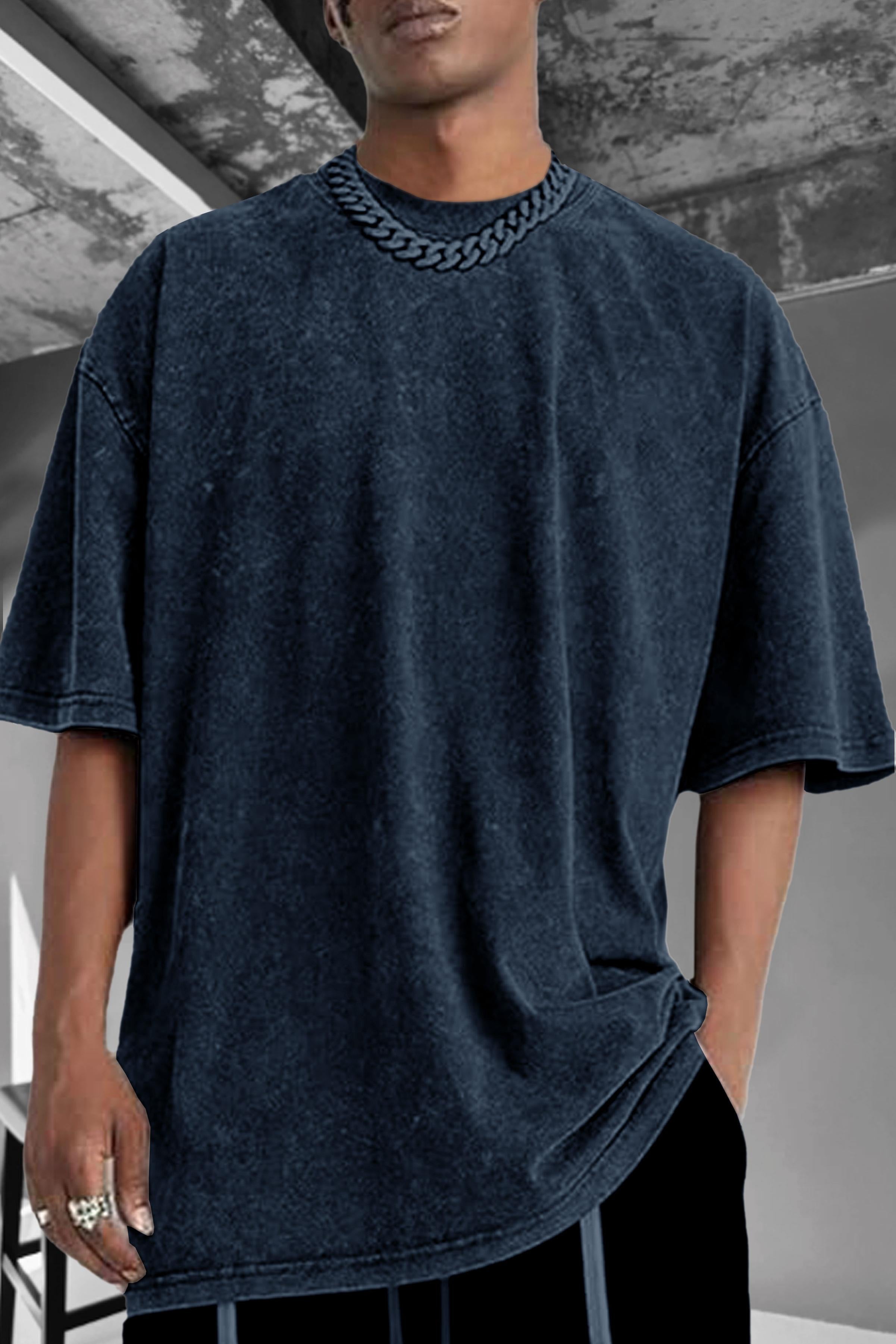 Erkek Lacivert Oversize Asit Yıkamalı Eskitme Efektli Boyalı T-Shirt