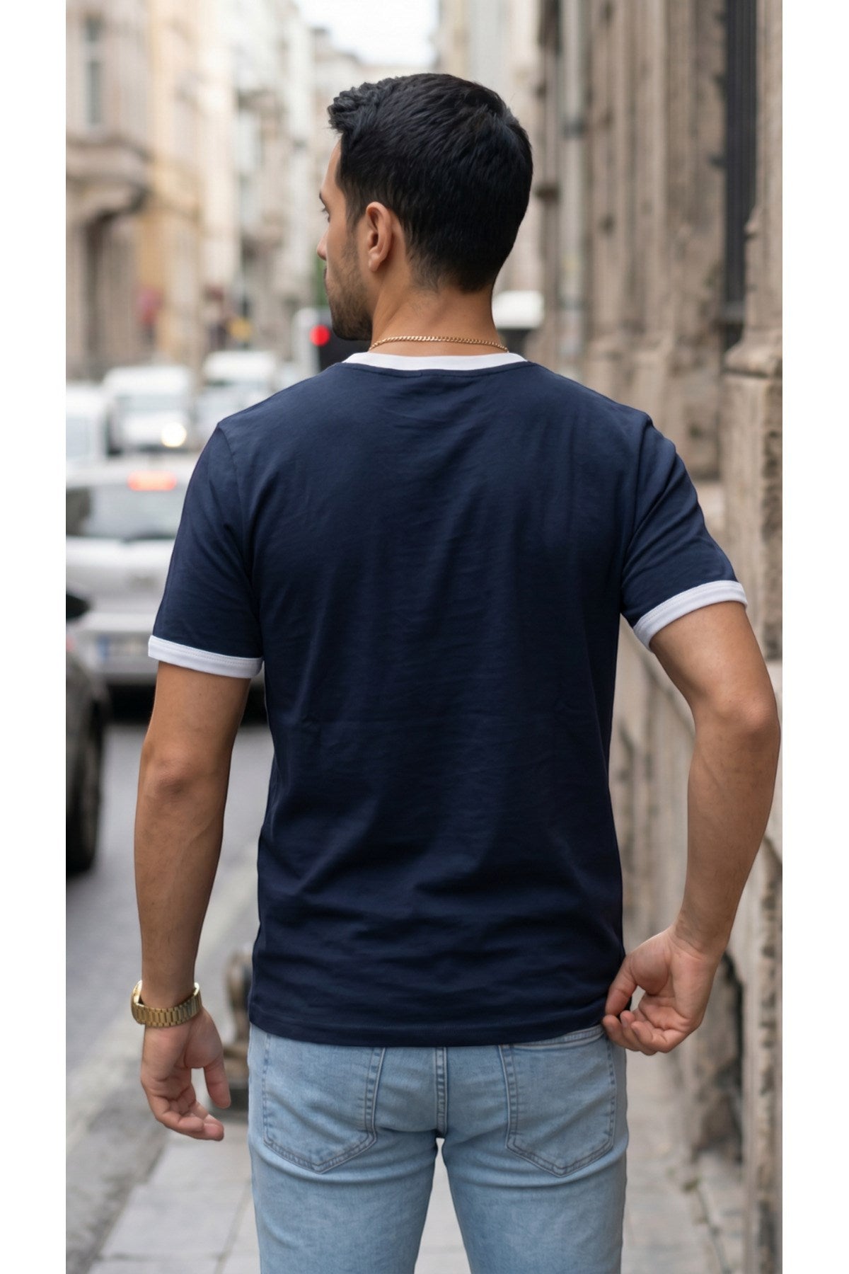 Erkek Lacivert Renkli Tişört Bisiklet Yaka Kol Garnili Regular T-shirt