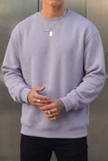 Erkek Lila Tonlu Gri Basic 0 Sıfır Yaka Baskısız Düz Oversize Salaş Bol Kesim Sweatshirt