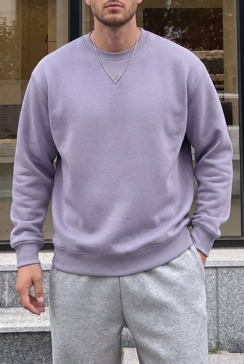 Erkek Lila Tonlu Gri Basic 0 Sıfır Yaka Baskısız Düz Oversize Salaş Bol Kesim Sweatshirt